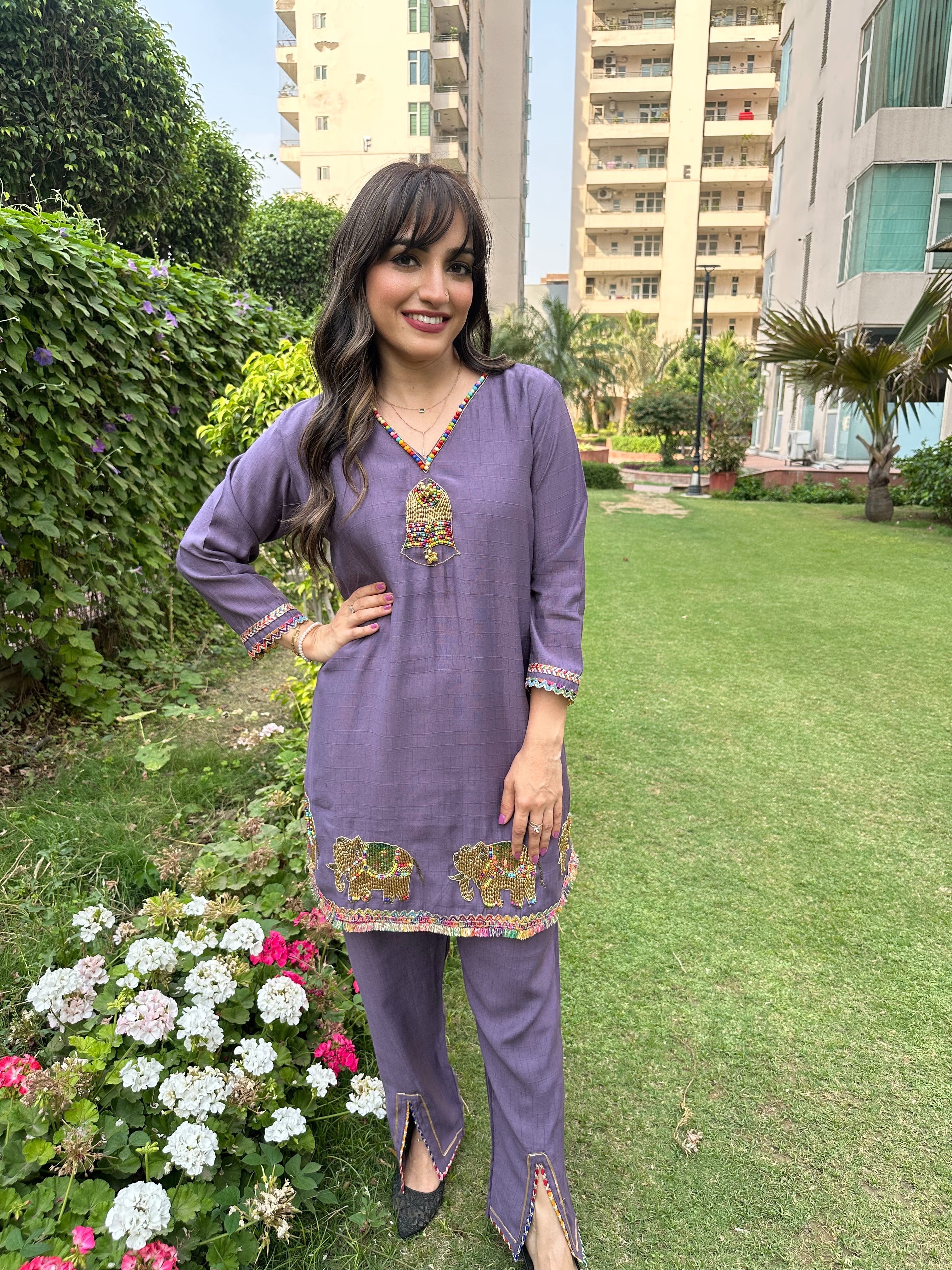 Purple Indo-Western Hand-Embroidered Coord Set