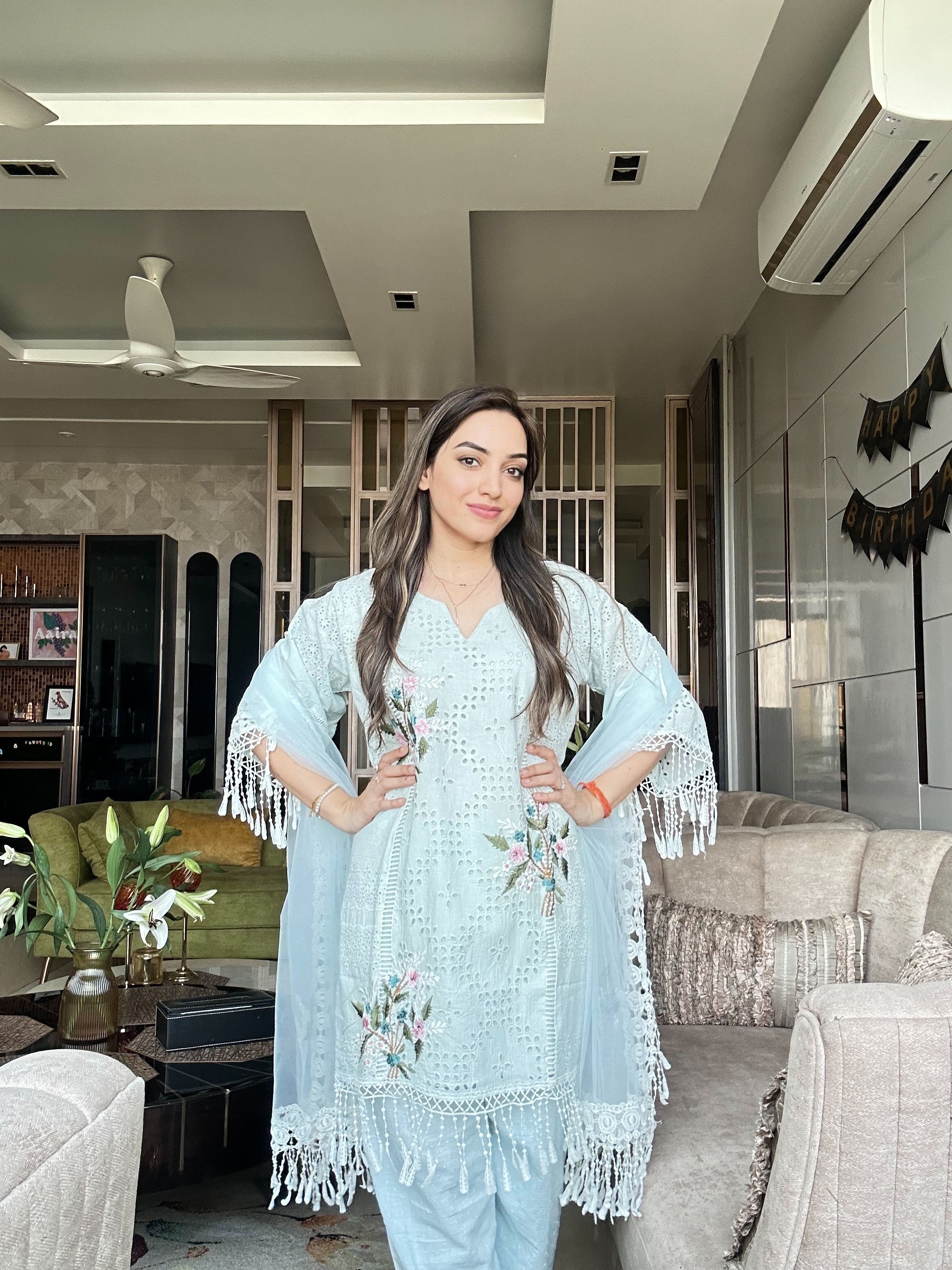 Shiffli Cut-work Suit with Dupatta and Trousers