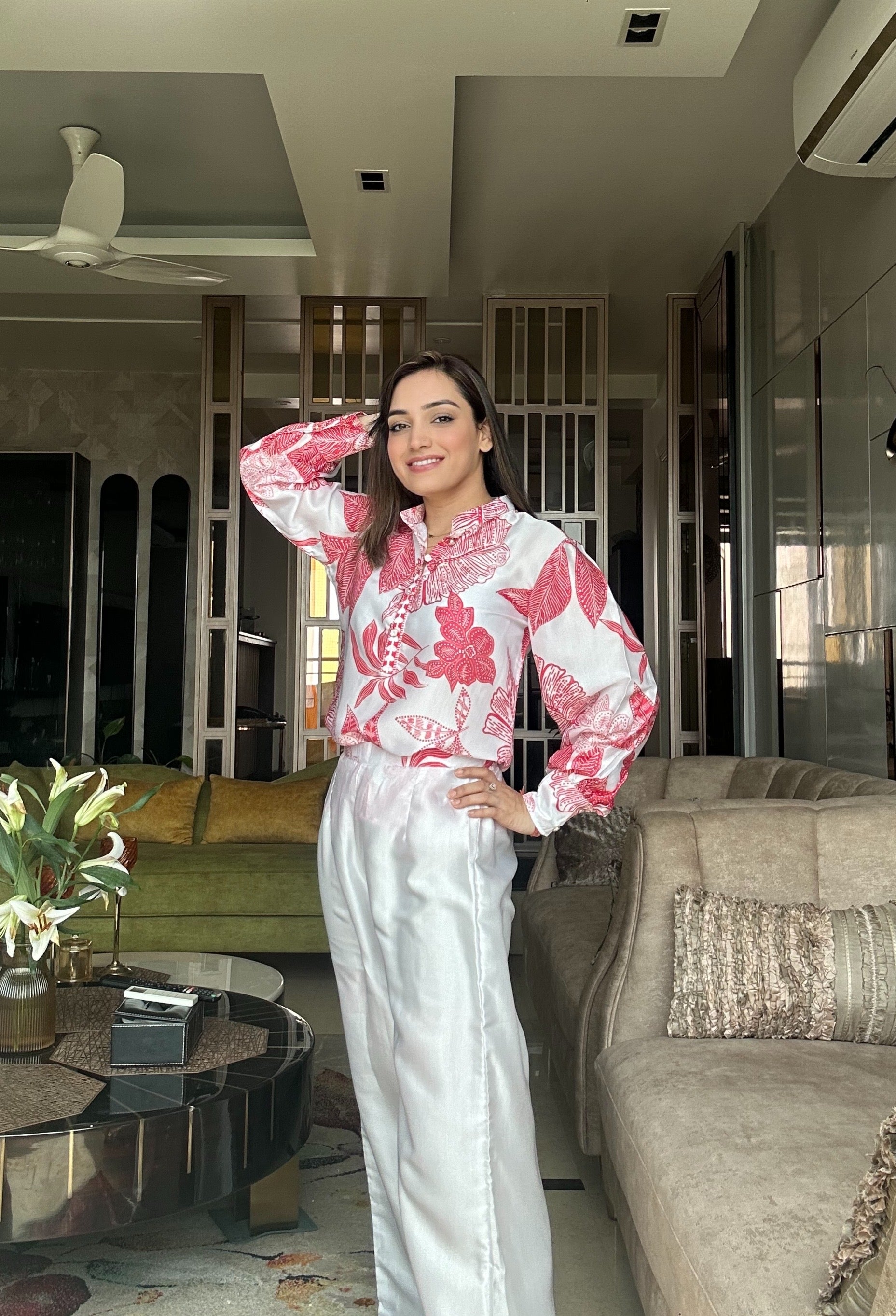 Red Tropical Printed Modal Satin Co-ord Set with Trouser