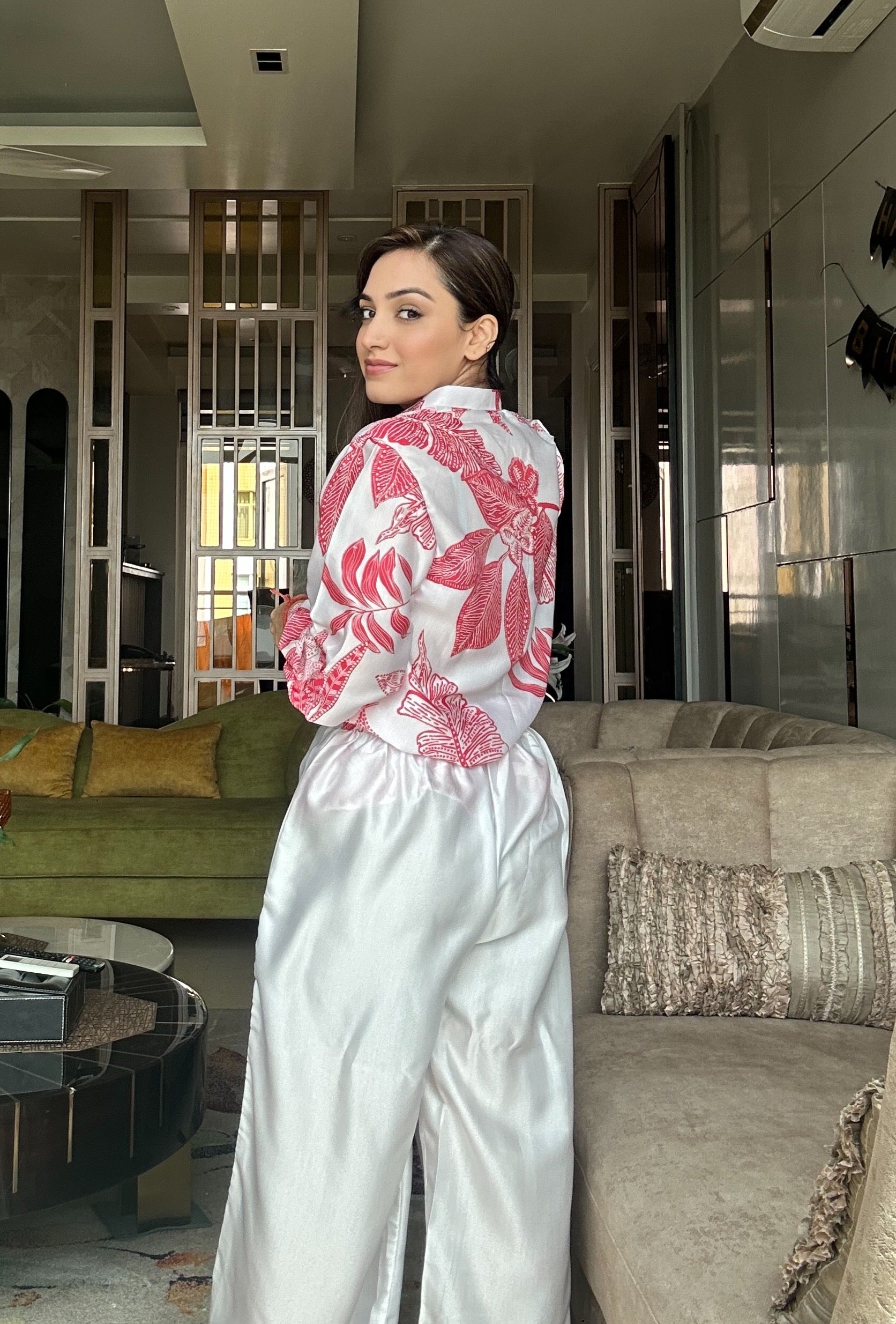 Red Tropical Printed Modal Satin Co-ord Set with Trouser