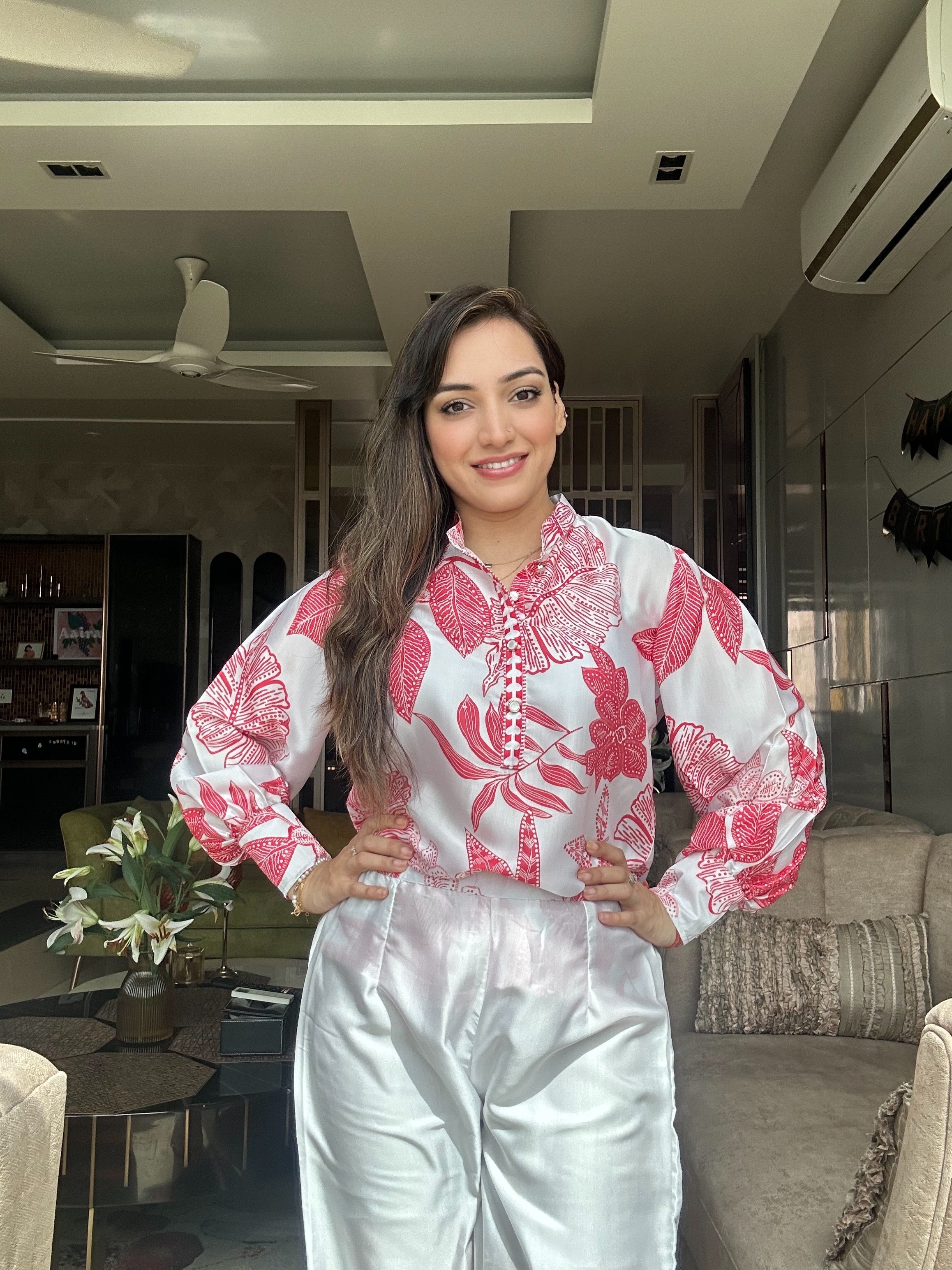 Red Tropical Printed Modal Satin Co-ord Set with Trouser