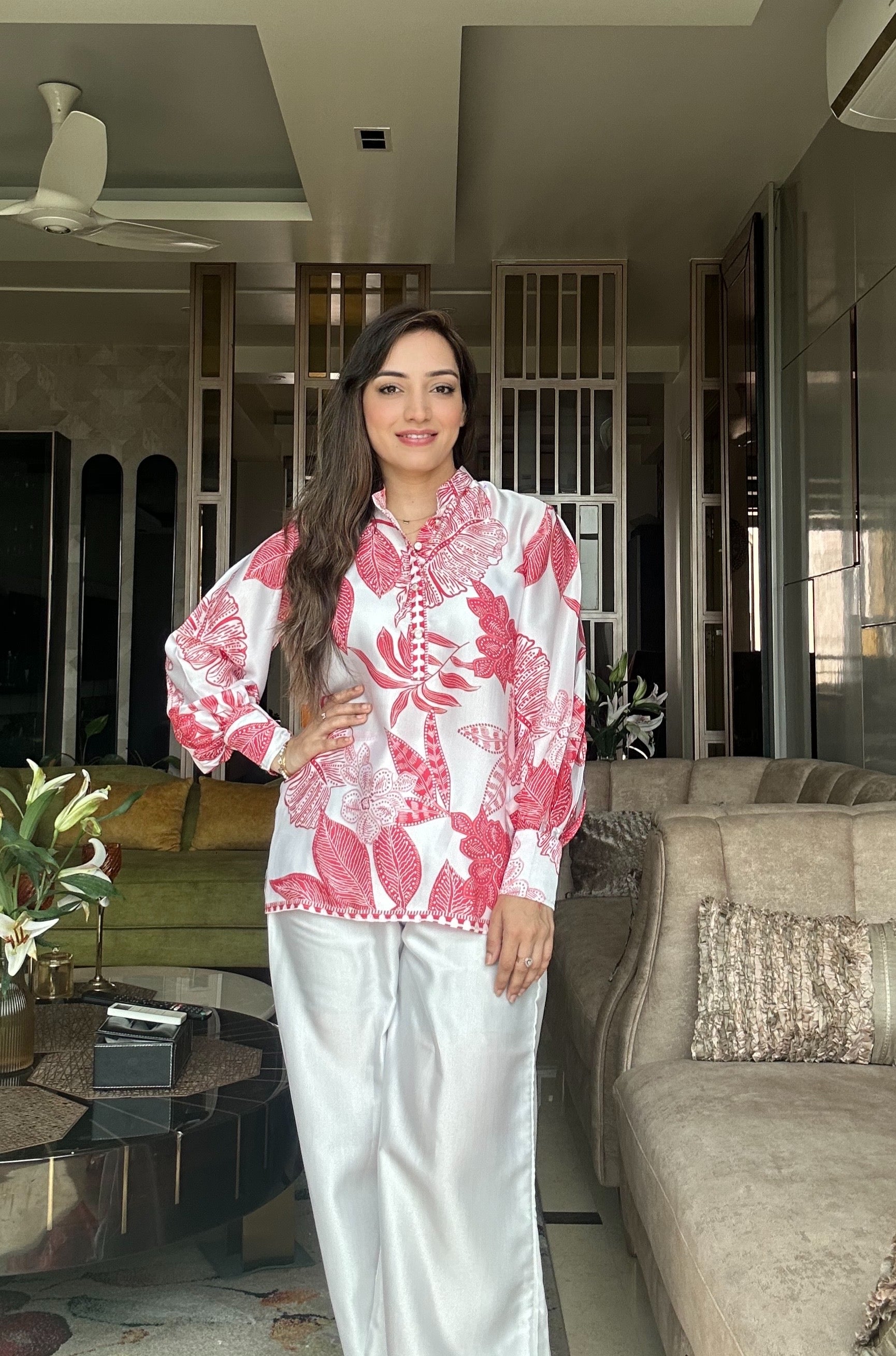 Red Tropical Printed Modal Satin Co-ord Set with Trouser