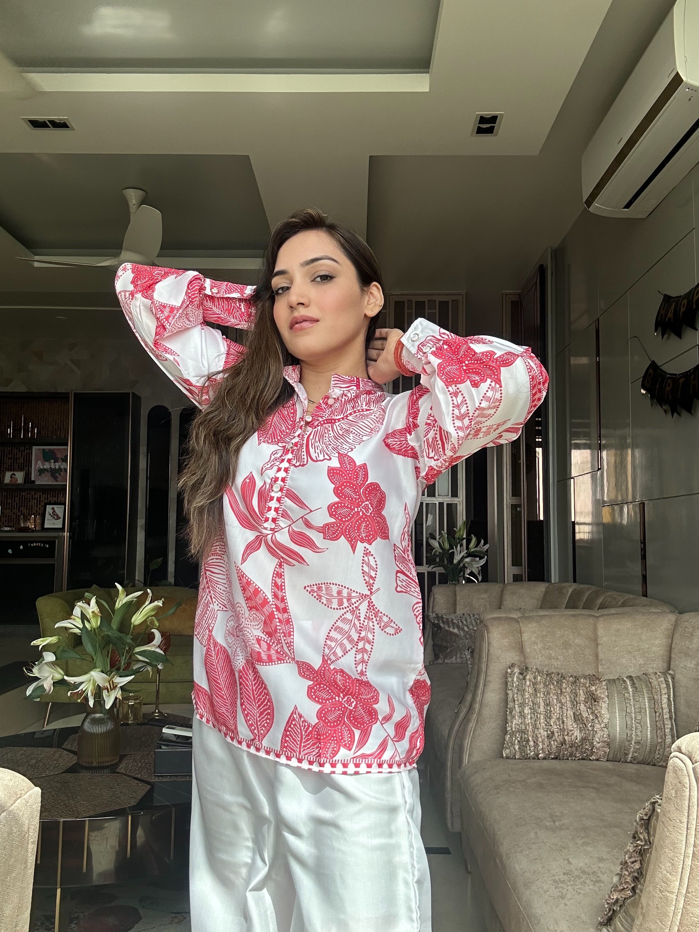 Red Tropical Printed Modal Satin Co-ord Set with Trouser