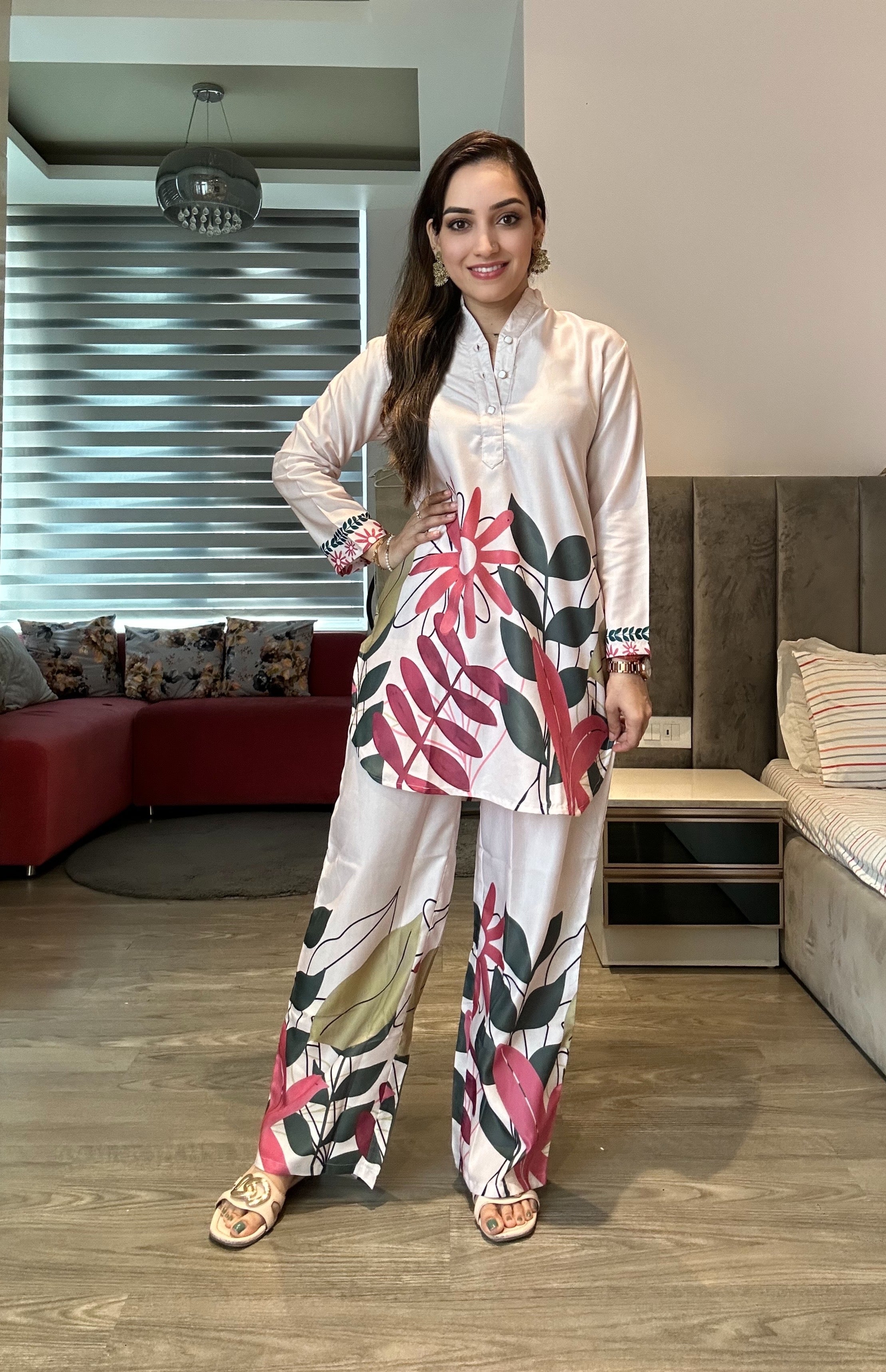 Tropical Printed Modal Satin Co-ord Set with Trouser