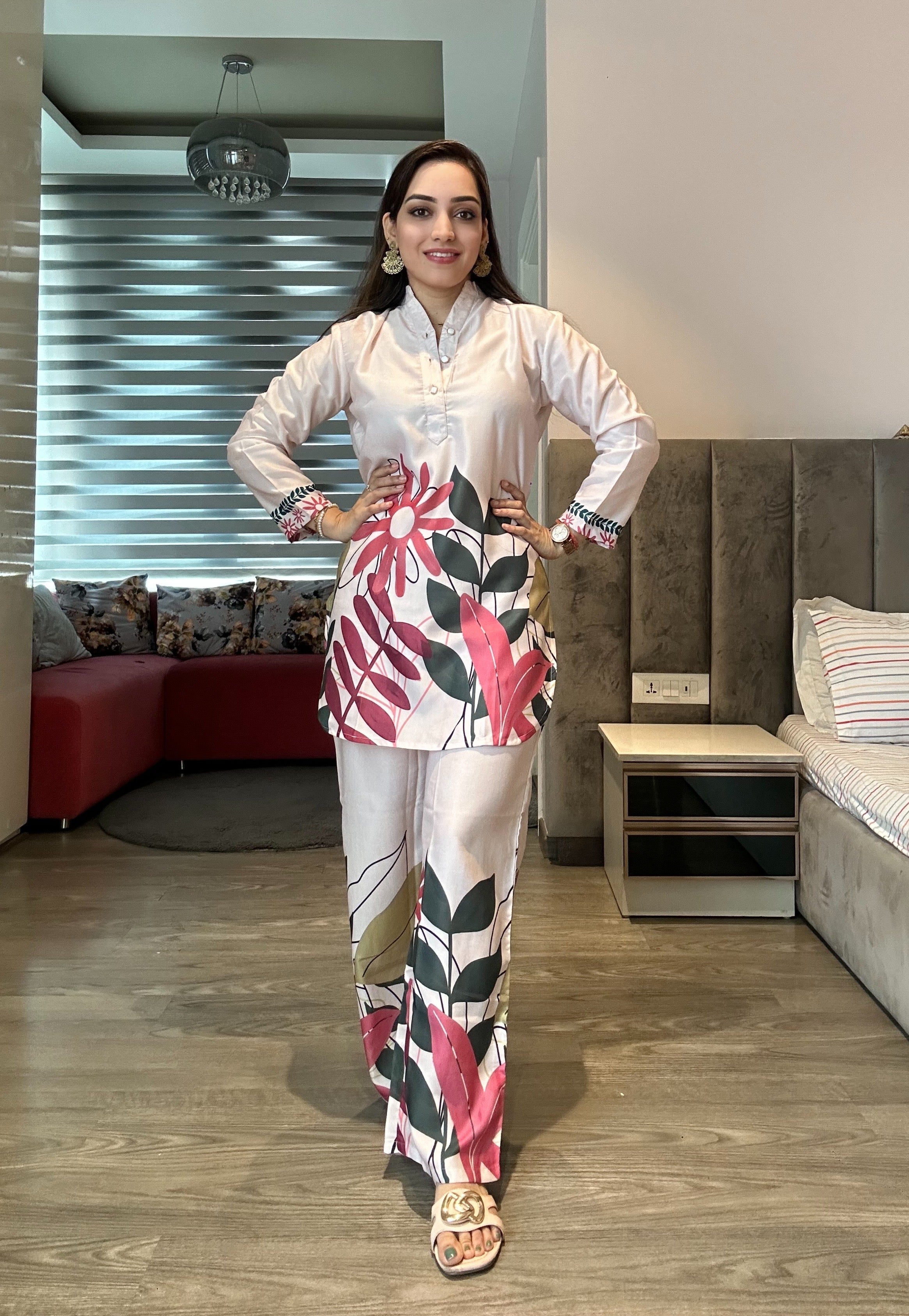 Tropical Printed Modal Satin Co-ord Set with Trouser