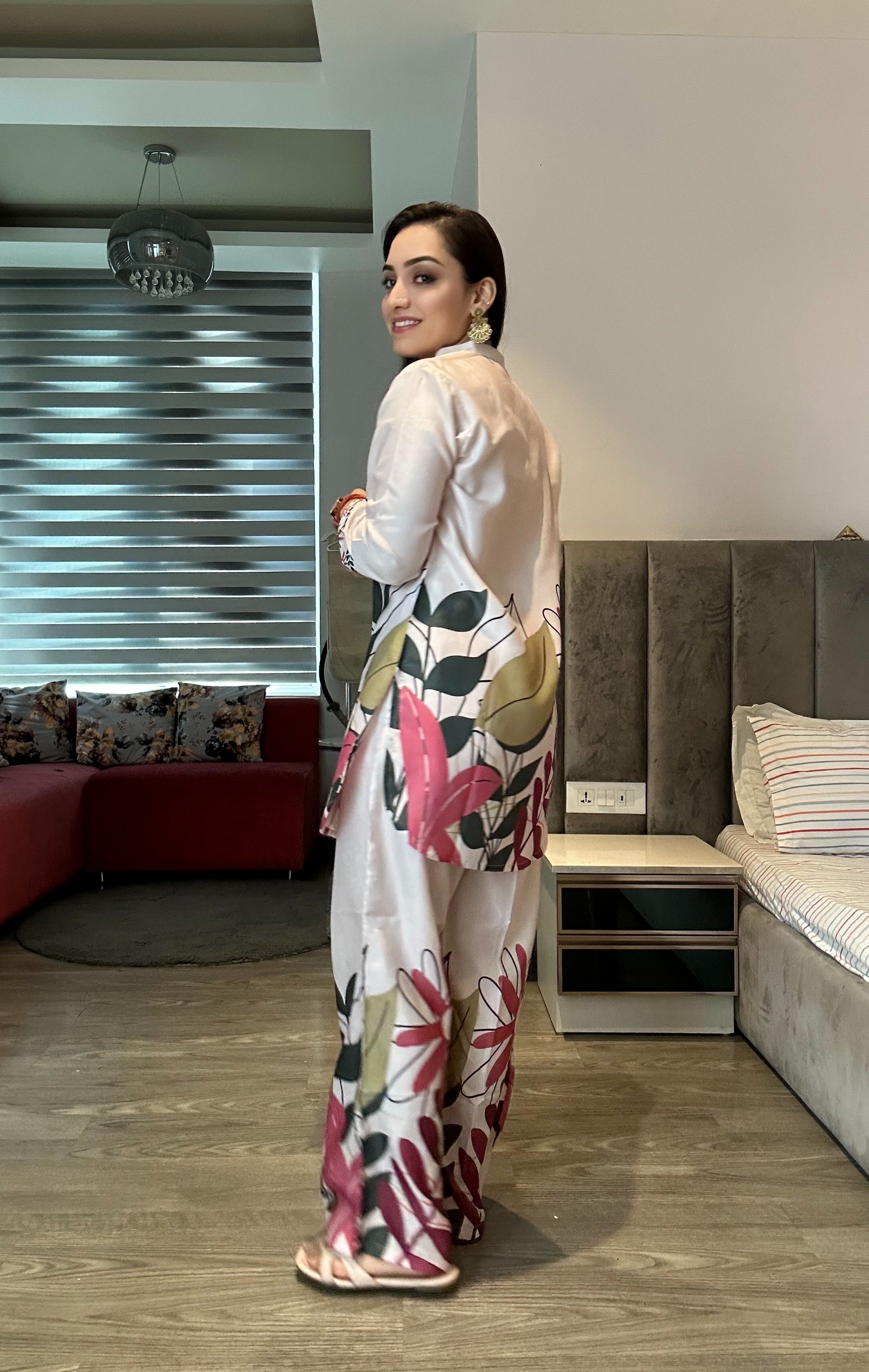 Tropical Printed Modal Satin Co-ord Set with Trouser