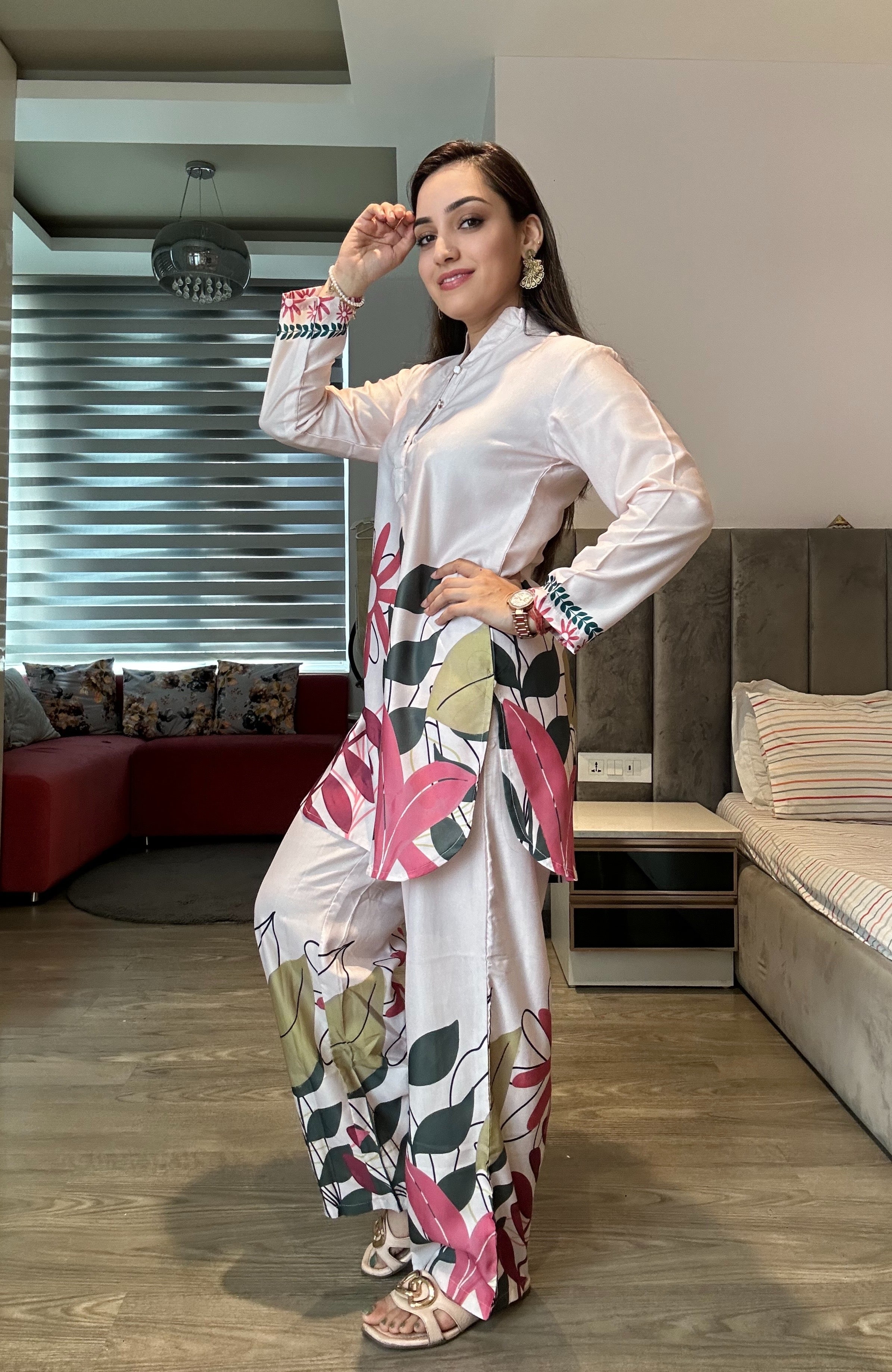 Tropical Printed Modal Satin Co-ord Set with Trouser