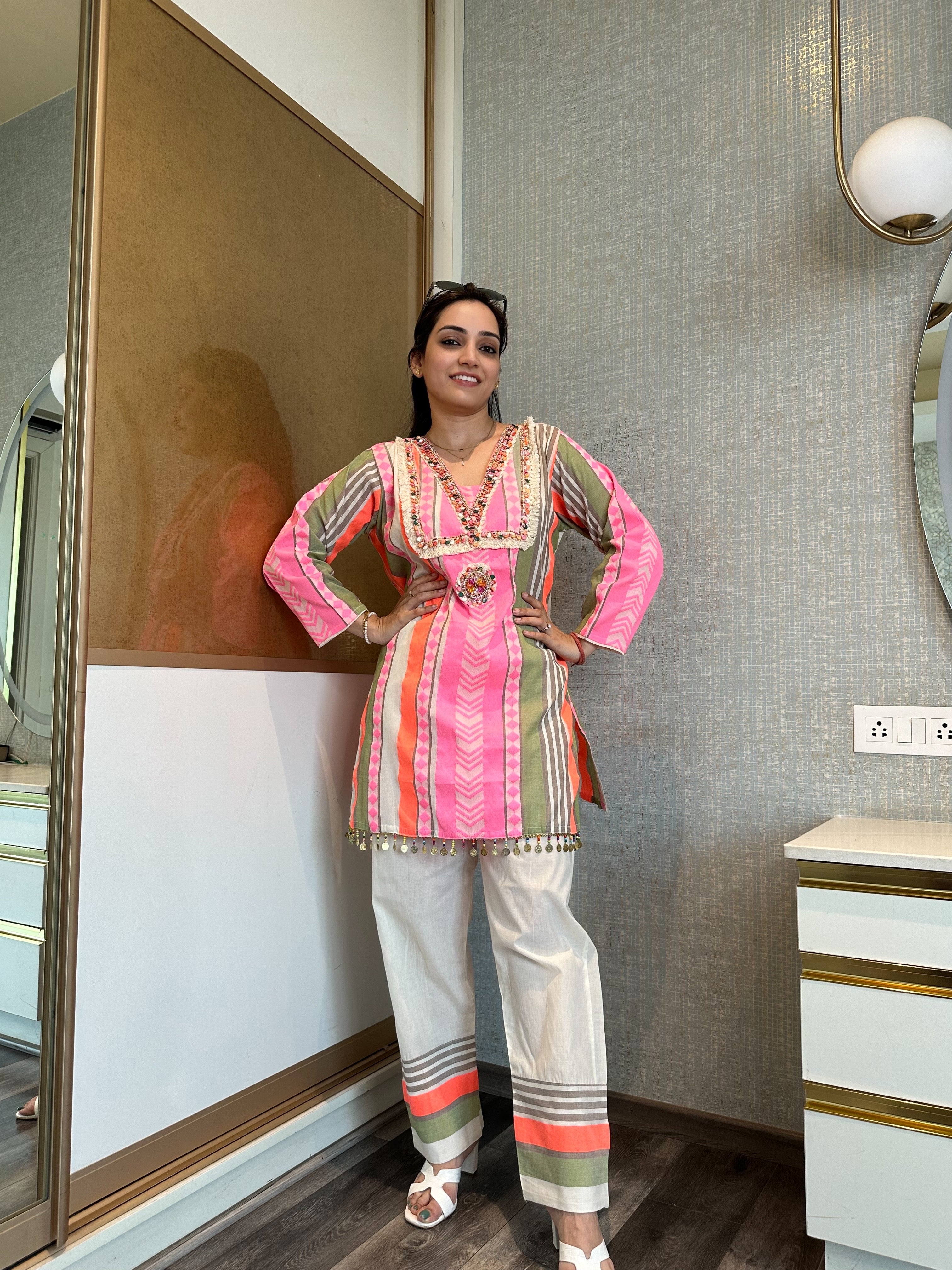 Multi-colored Hand-embroidered Coord Set