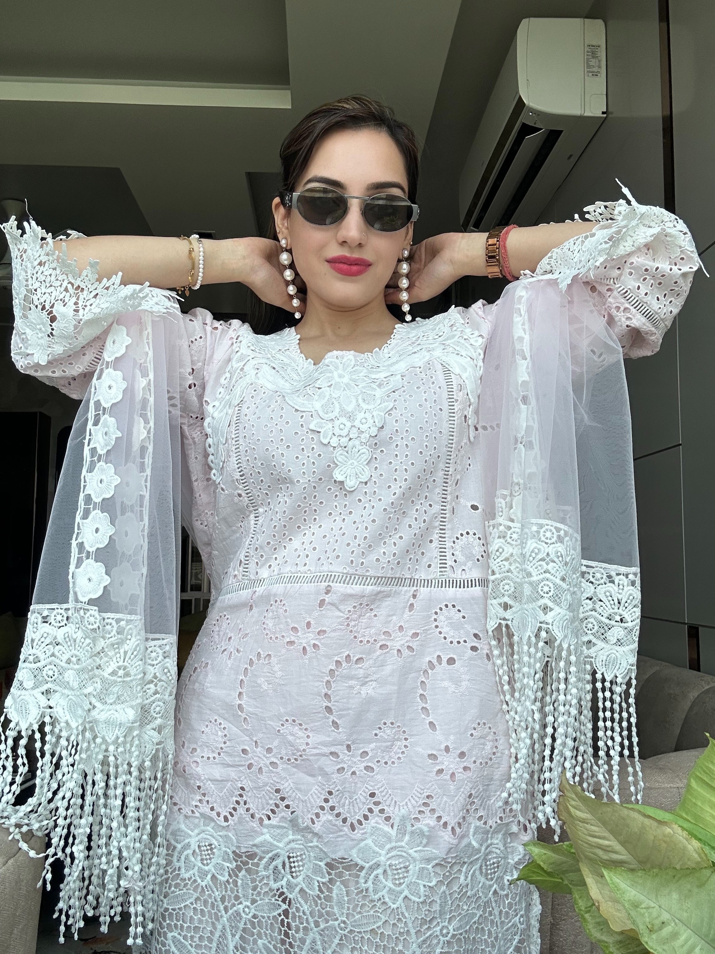 Shiffli Cut-work Kurta with Dupatta and Trousers