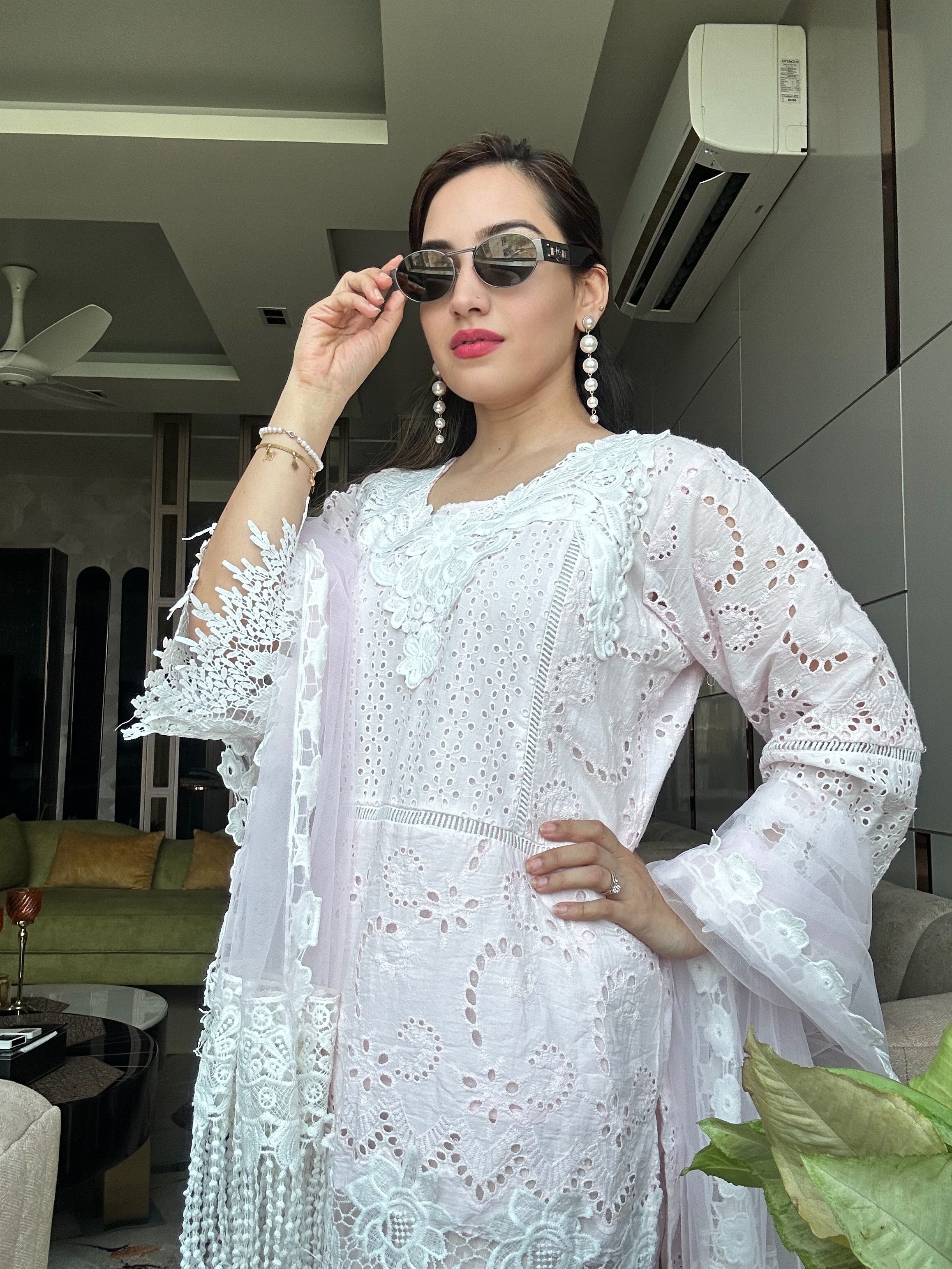 Shiffli Cut-work Kurta with Dupatta and Trousers