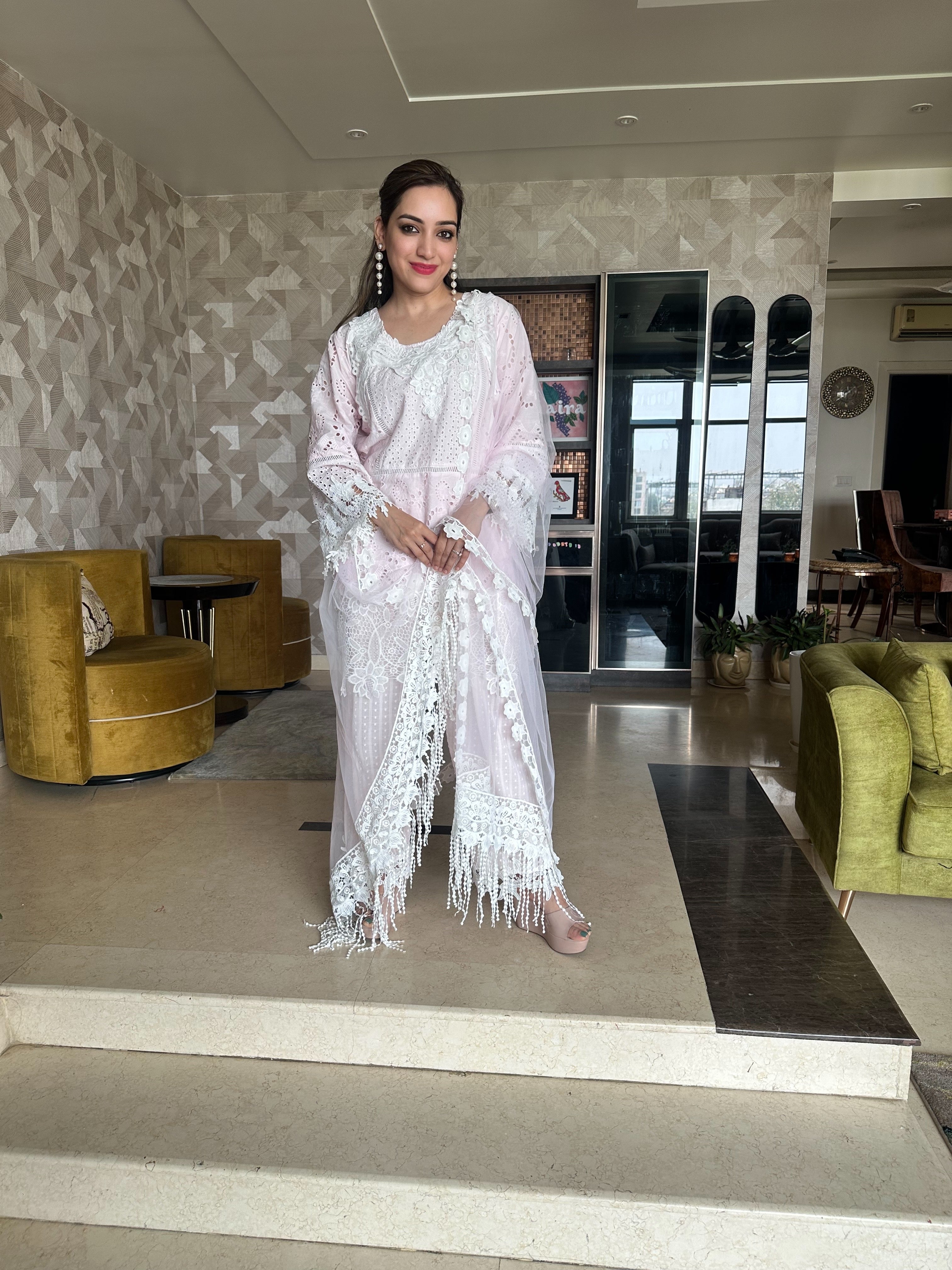 Shiffli Cut-work Kurta with Dupatta and Trousers