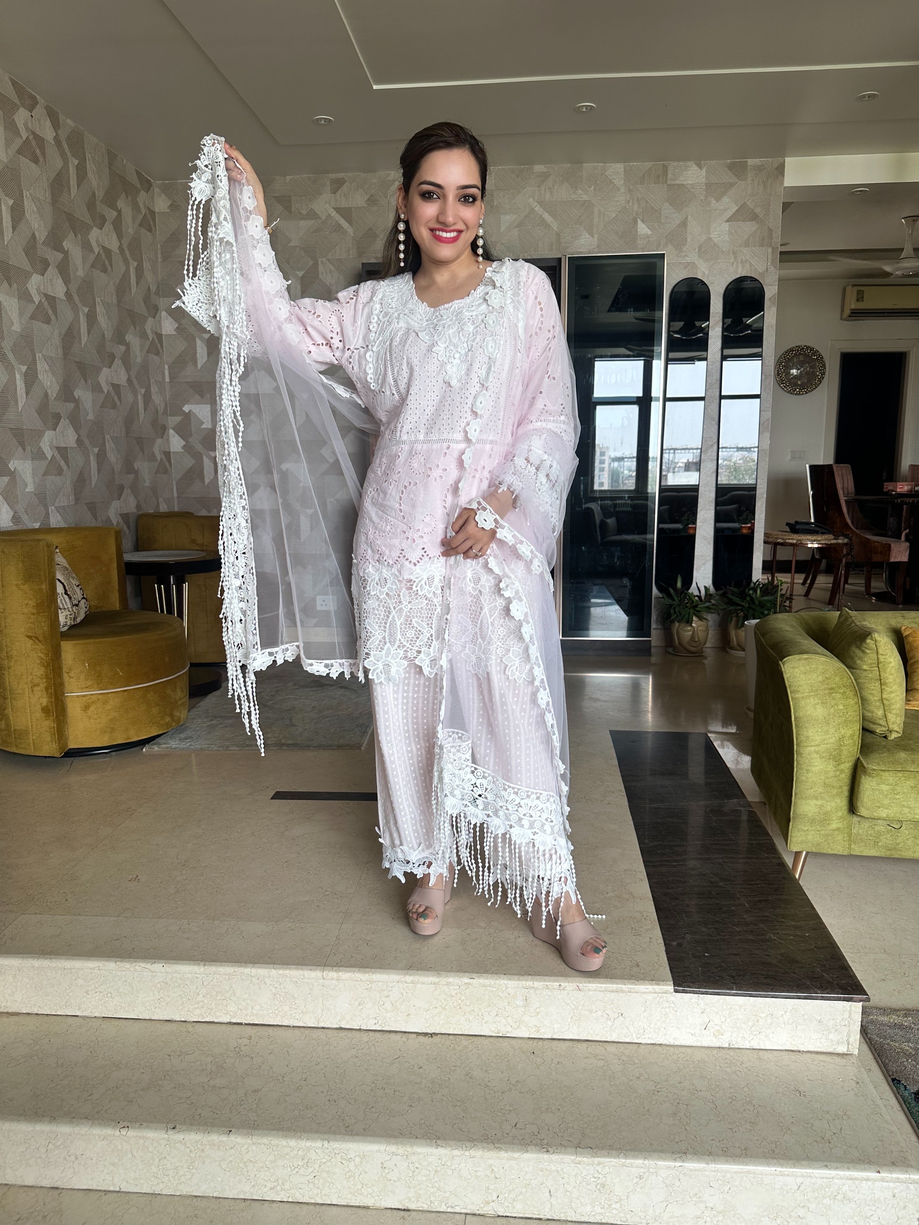 Shiffli Cut-work Kurta with Dupatta and Trousers