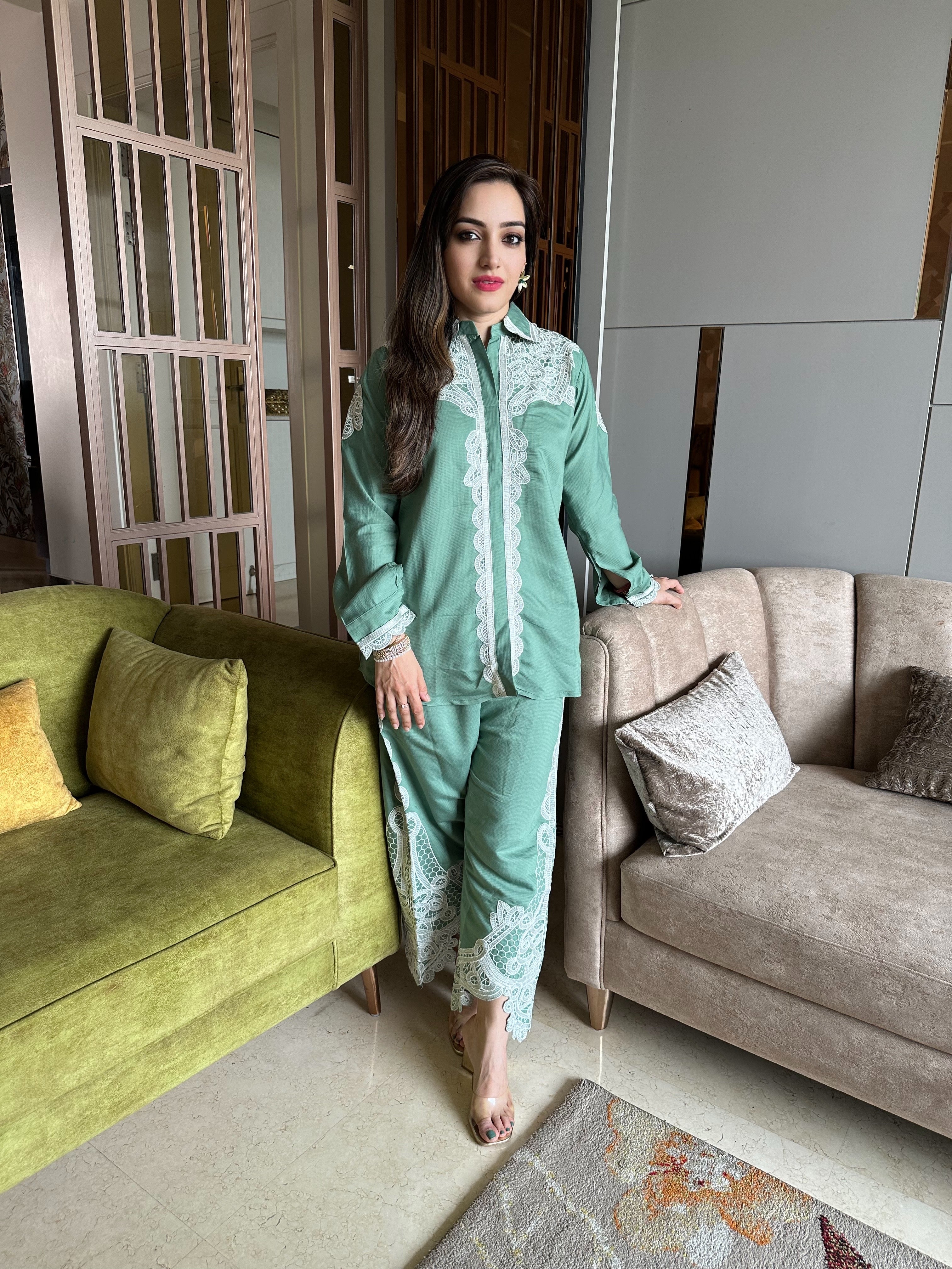 Sea Green Lace Work Coord Set