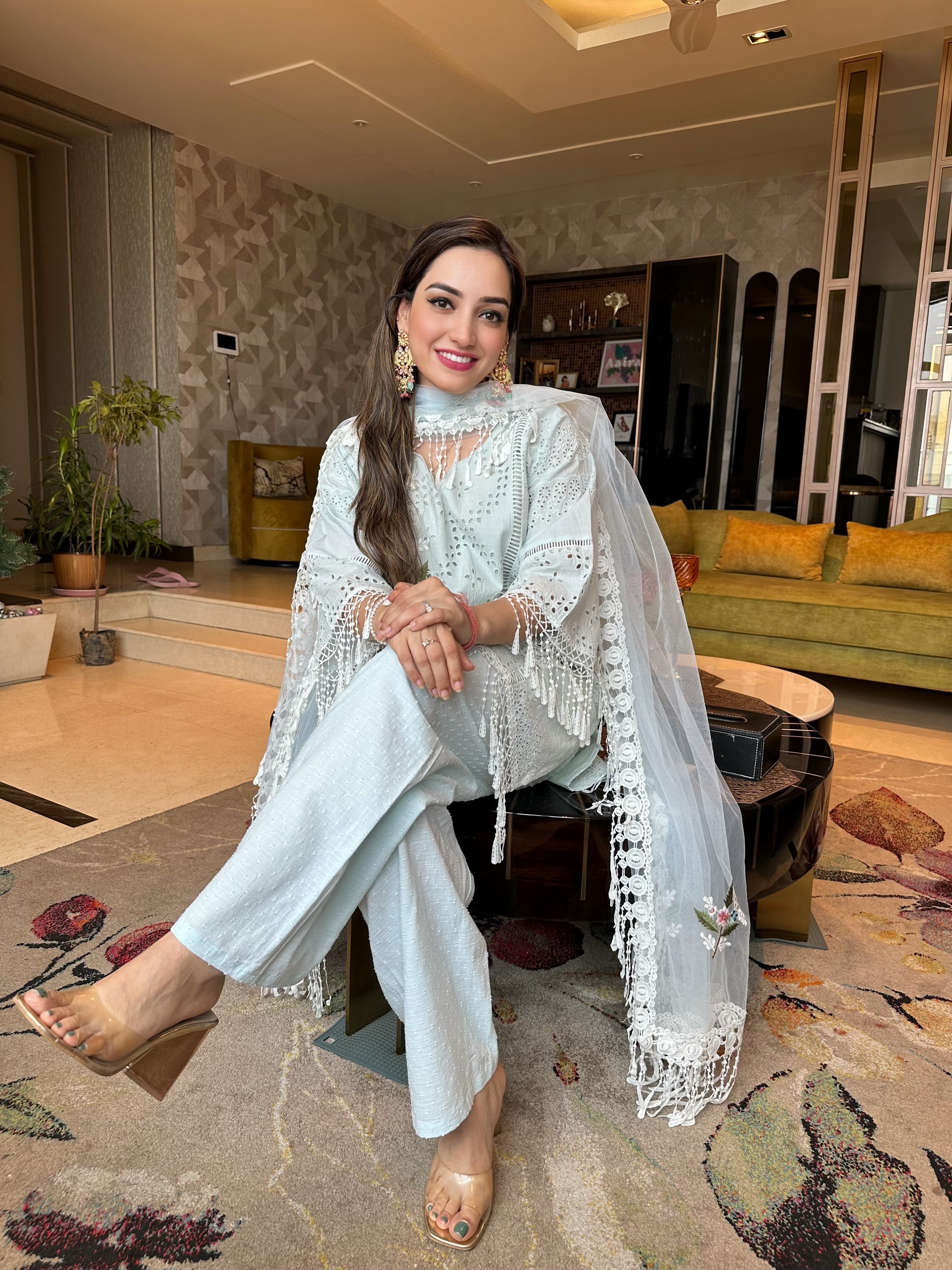 Shiffli Cut-work Suit with Dupatta and Trousers