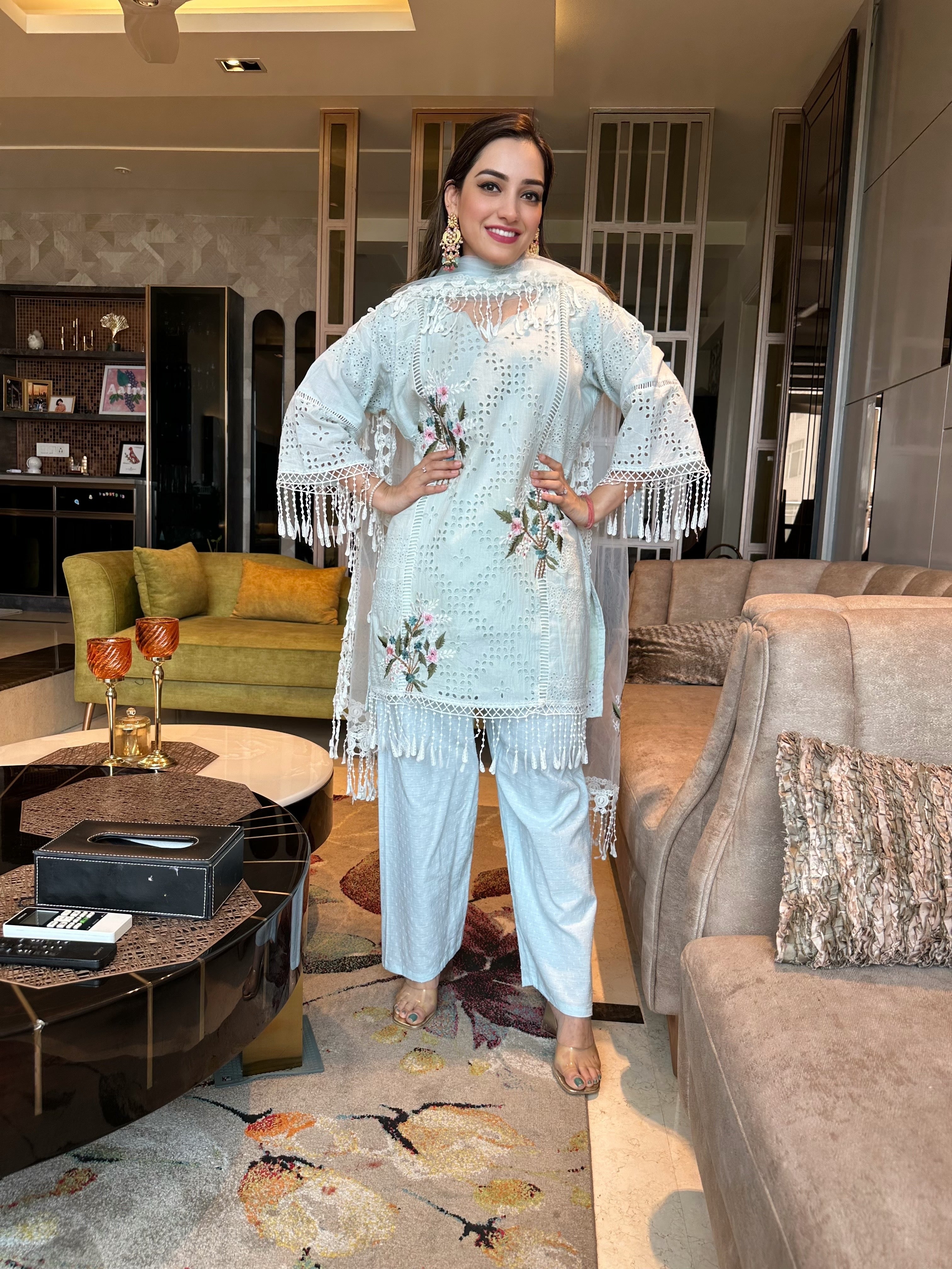 Shiffli Cut-work Suit with Dupatta and Trousers