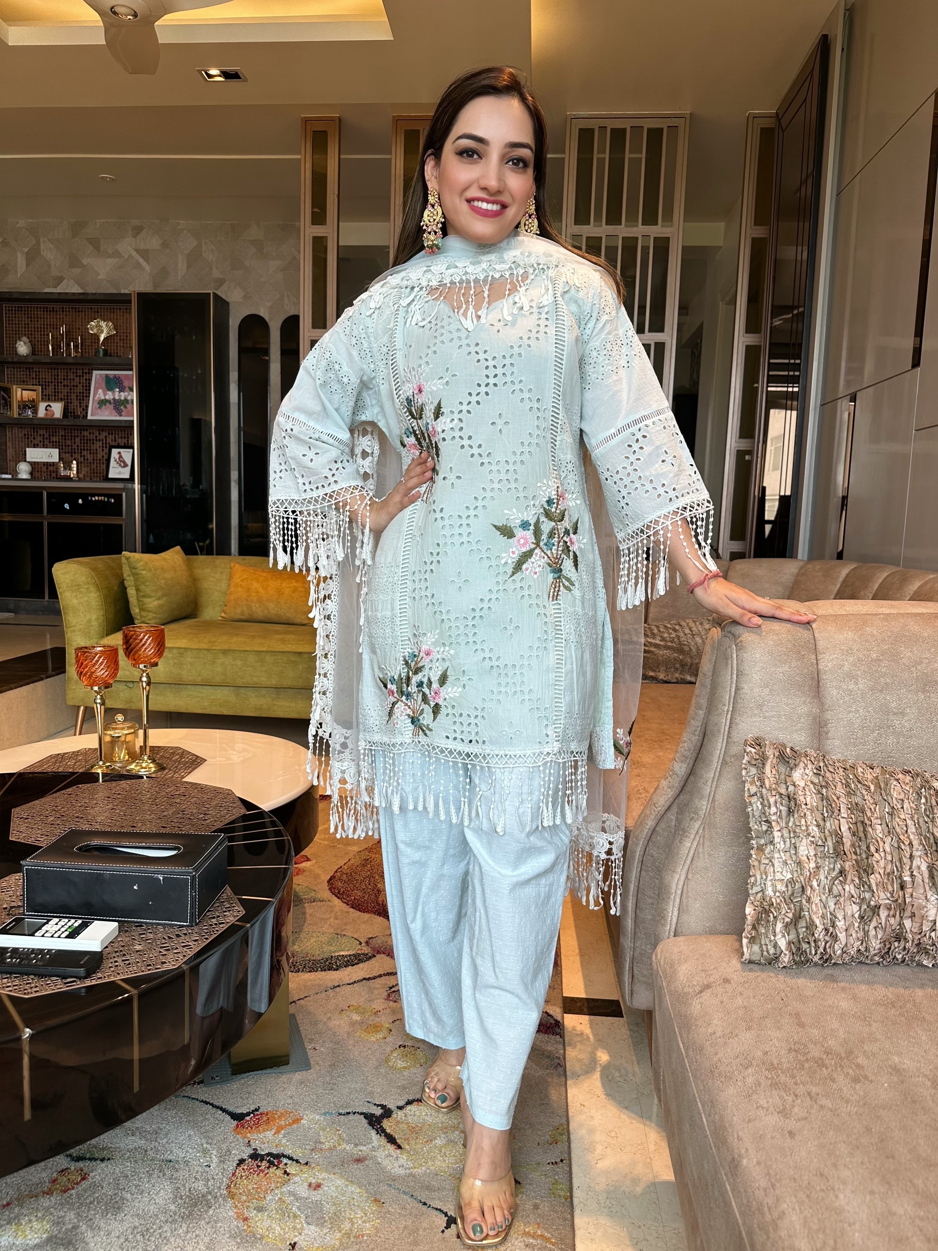 Shiffli Cut-work Suit with Dupatta and Trousers